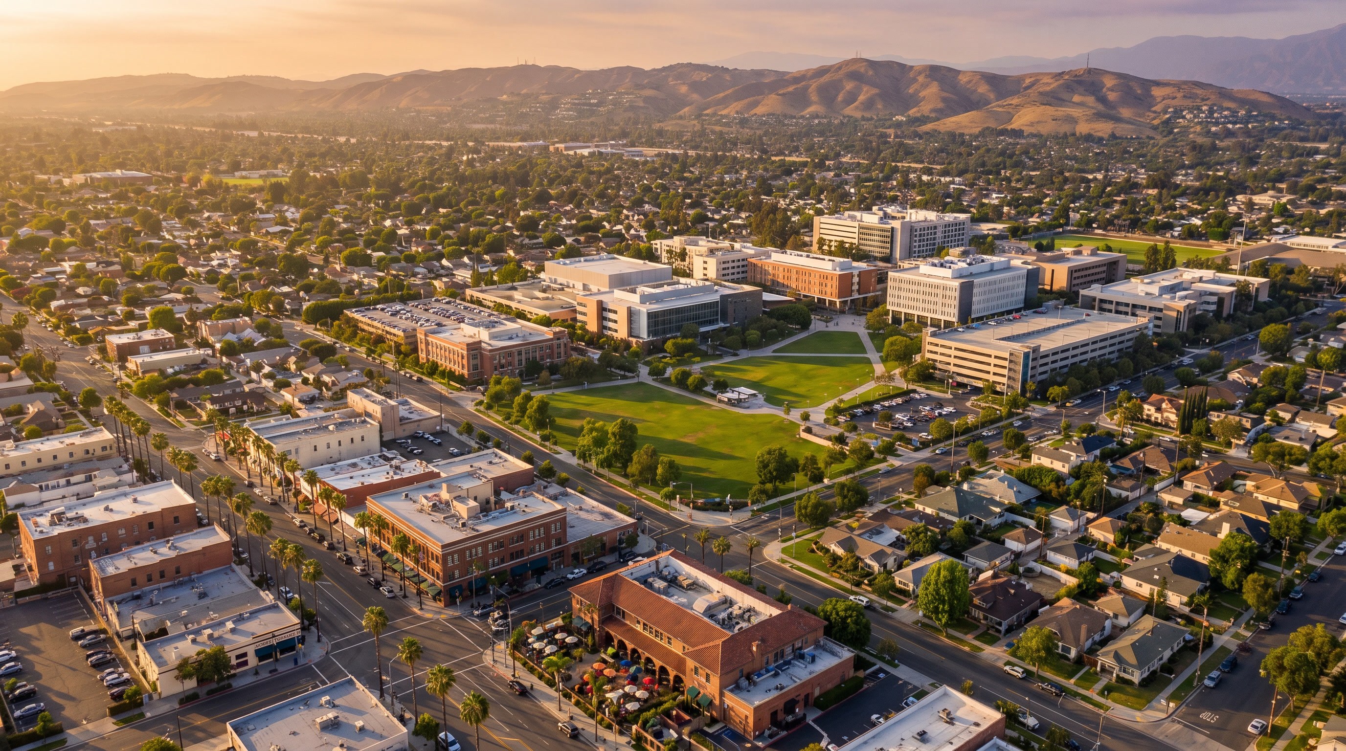Fullerton California Old Town entertainment district and Cal State Fullerton campus in North Orange County